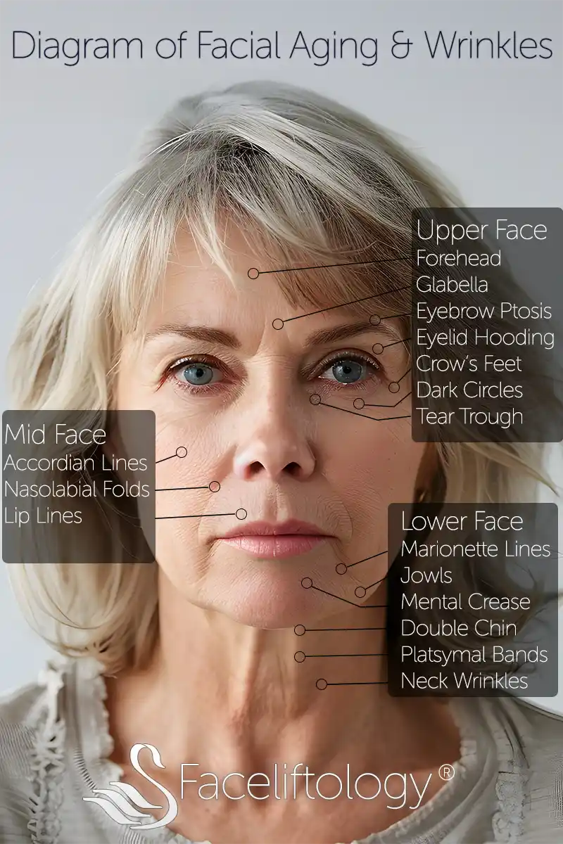 In this diagram of facial aging and wrinkles of the face, we illustrate the most common wrinkles of the face. Image by Faceliftology.