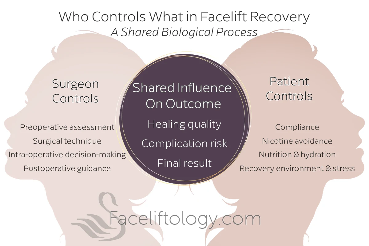 Who controls what in facelift recovery & healing? This is an infographic that illustrates which factors apply to the surgeon, the patient, and shared factors.