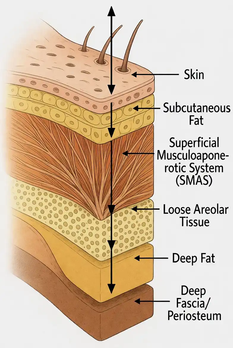 Diagram of facial layers showing skin, subcutaneous tissue, SMAS, deep fat, and deep fascia relevant to facelift techniques