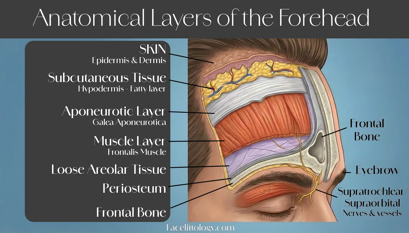 Diagram of the different anatomical layers of the forehead.